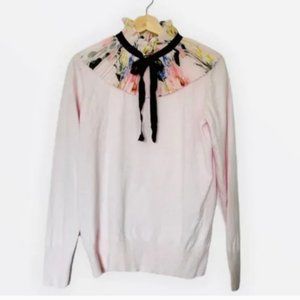 Ted Baker pink floral Pleated frill Collar Detail Sweater top size 2 nwot